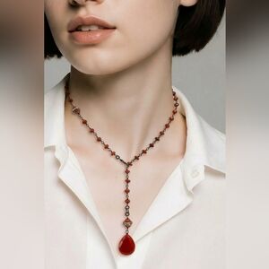 Lariat Y Necklace Red Carnelian Style Teardrop On Silver Rosary Chain